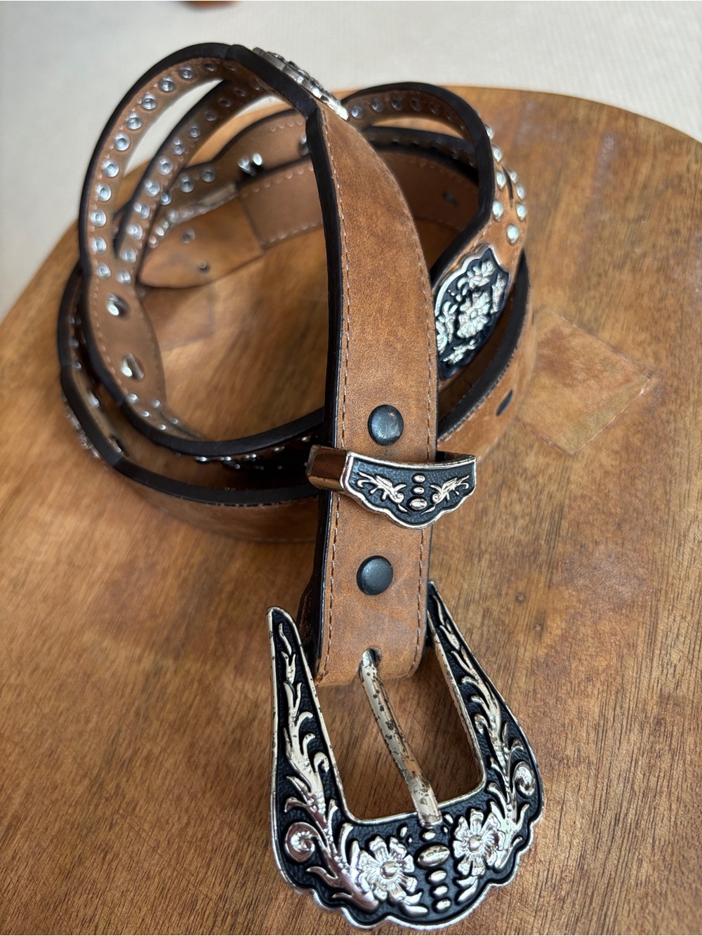 NOCONA BELT CO. Western Sz 30-34 Brown Leather Ornate Silver & Black Hardware